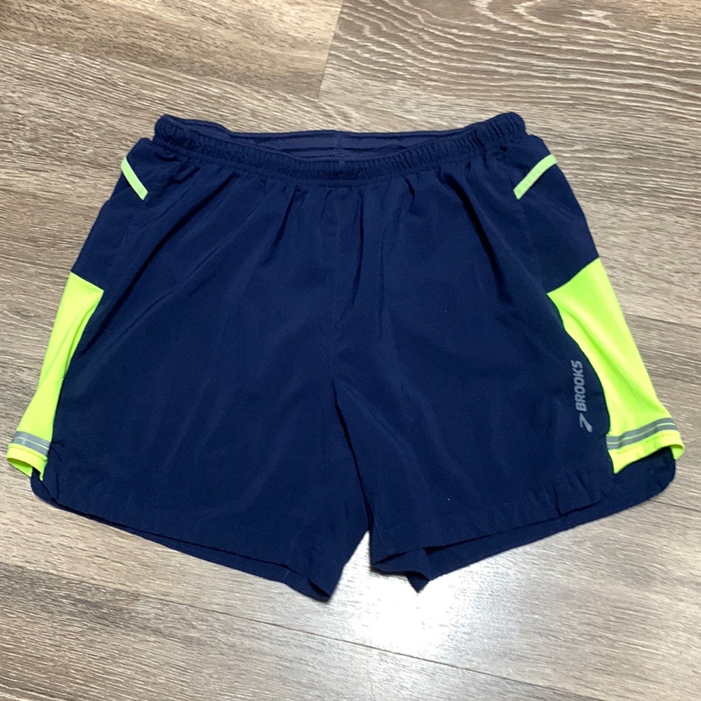 Brooks Navy and Neon Green Men's Shorts